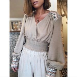 Boho Puff Sleeve Crop Top - Beige